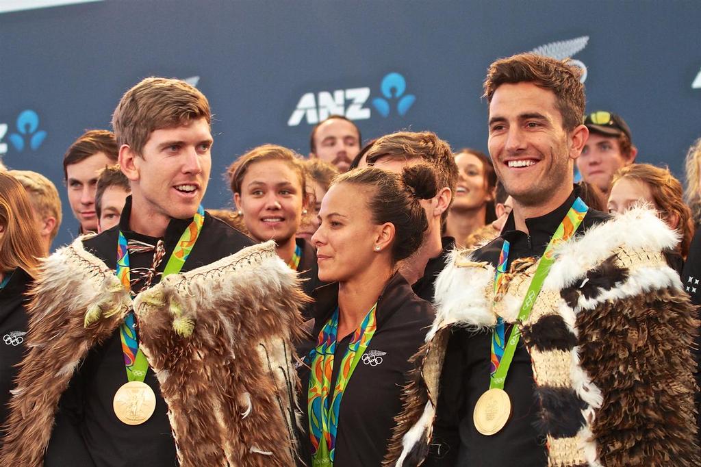 Peter Burling and Blair Tuke with Lisa Carrington (Kayaking)  -Olympics 2016 - Day 12 - Auckland - NZ Sailors return home - August 24, 2016 © Richard Gladwell www.photosport.co.nz